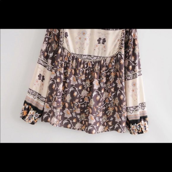 Fall Boho Gypsy Floral Print Peasant Blouse Tan - Picture 8 of 9